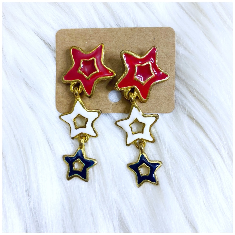 NWT red white blue enamel gold 4th of july america patriotic star drop earrings